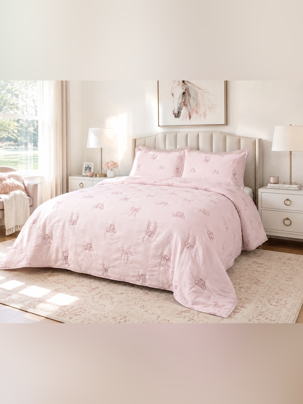 Magnolia Road Pink Western Cowgirl Boots Bows Embroidered King 3-Piece Quilt Set